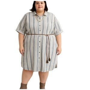 Plus Size Striped Button Down Midi Linen blend Shirt Dress w Belt Minimalist